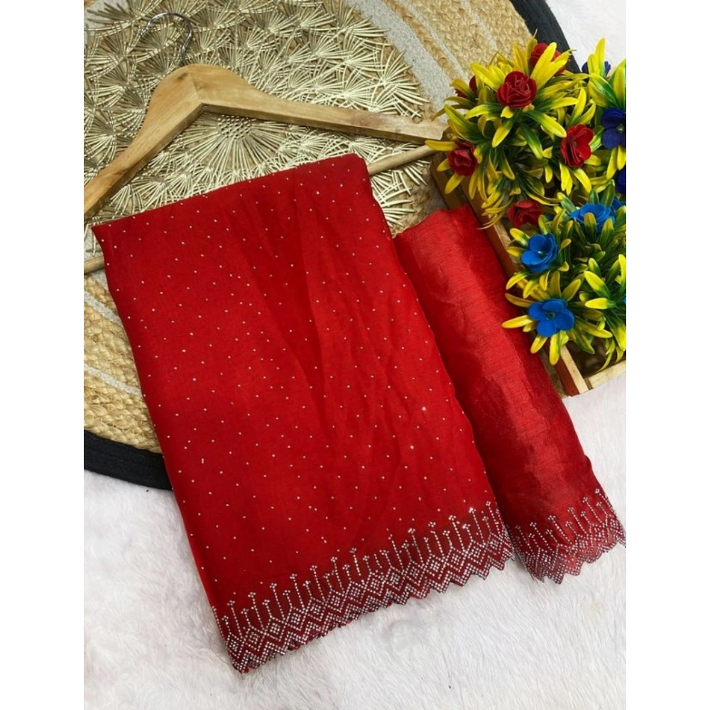 Generic Women's Georgette Stone Work Saree With Unstitched Blouse 5.5Mtr (Red)