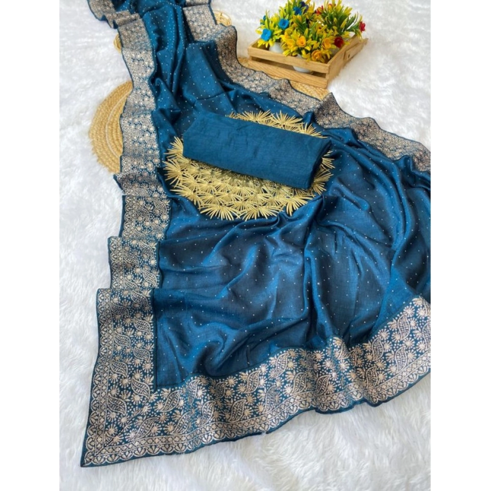 Generic Women's Silk Embroidred Saree With Unstitched Blouse 5.5Mtr (Light Green)