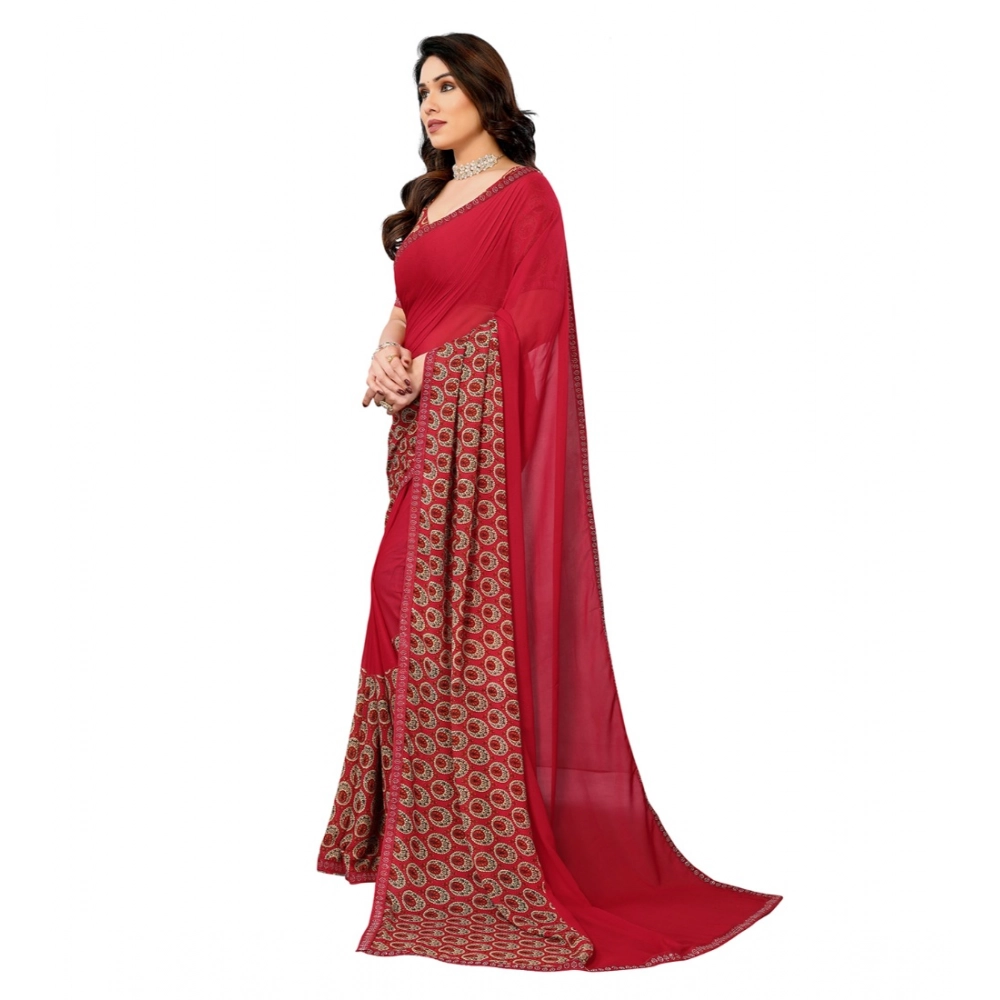 Generic Women's Georgette Printed Saree With Unstitched Blouse 5.5Mtr (Red) - Image 2