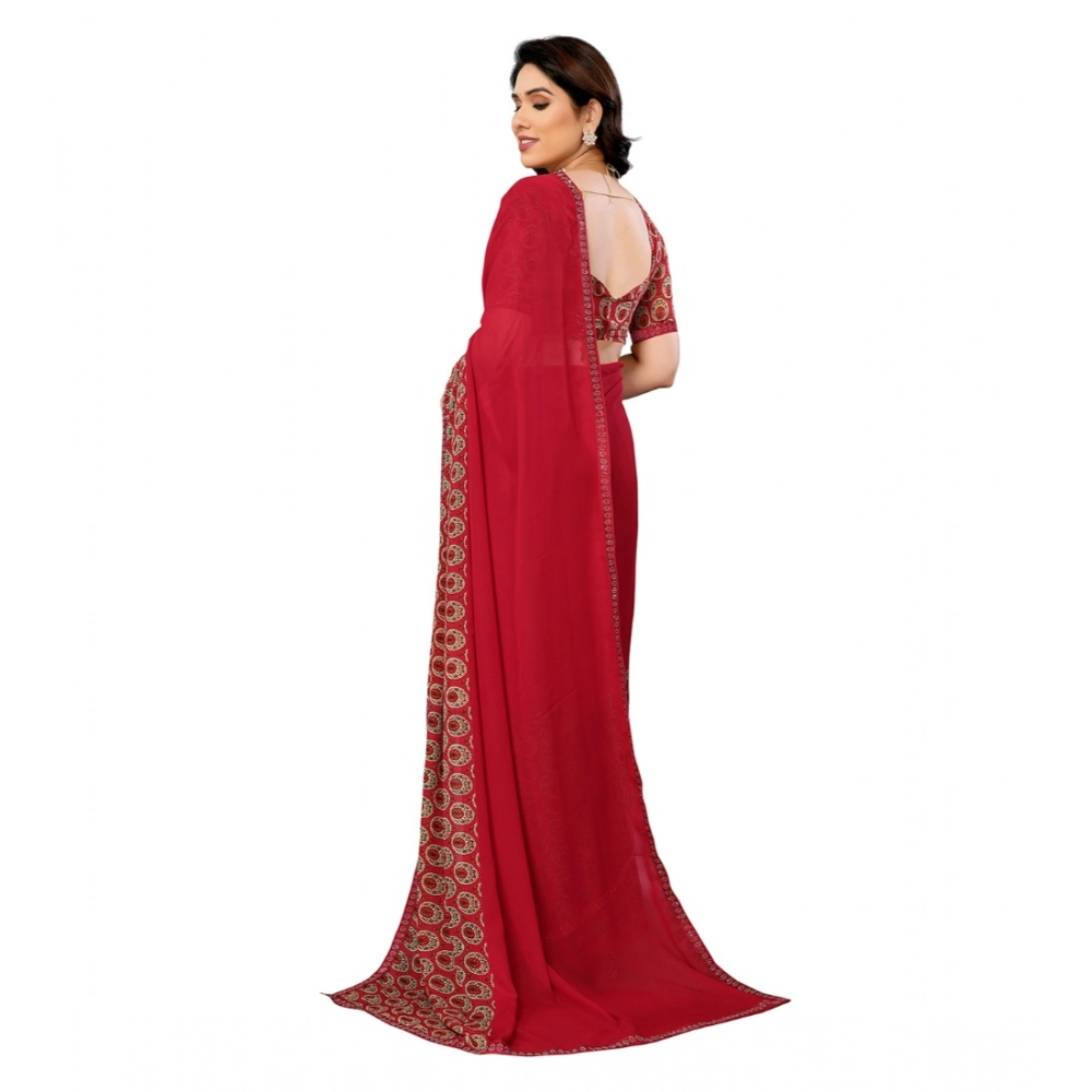 Generic Women's Georgette Printed Saree With Unstitched Blouse 5.5Mtr (Red) - Image 3