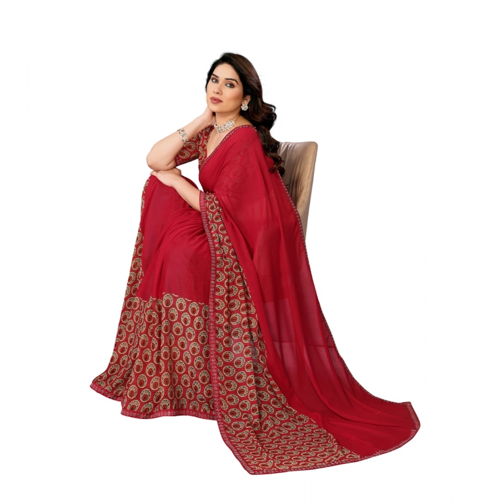 Generic Women's Georgette Printed Saree With Unstitched Blouse 5.5Mtr (Red) - Image 4