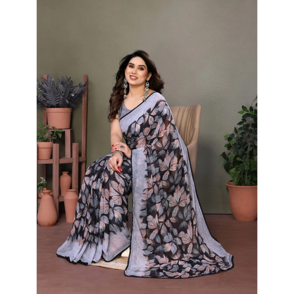Generic Women's Chiffon Printed Saree With Unstitched Blouse 5.5Mtr (Grey) - Image 3
