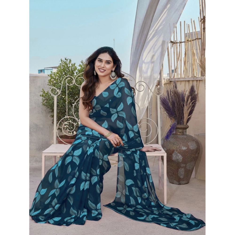 Generic Women's Chiffon Printed Saree With Unstitched Blouse 5.5Mtr (Blue) - Image 4