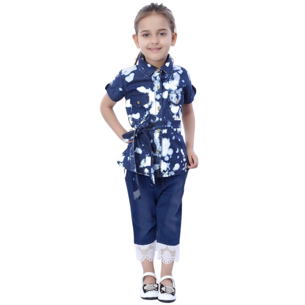 Generic Girl's Denim Tie & Dye Short Sleeve Top (Blue-White)