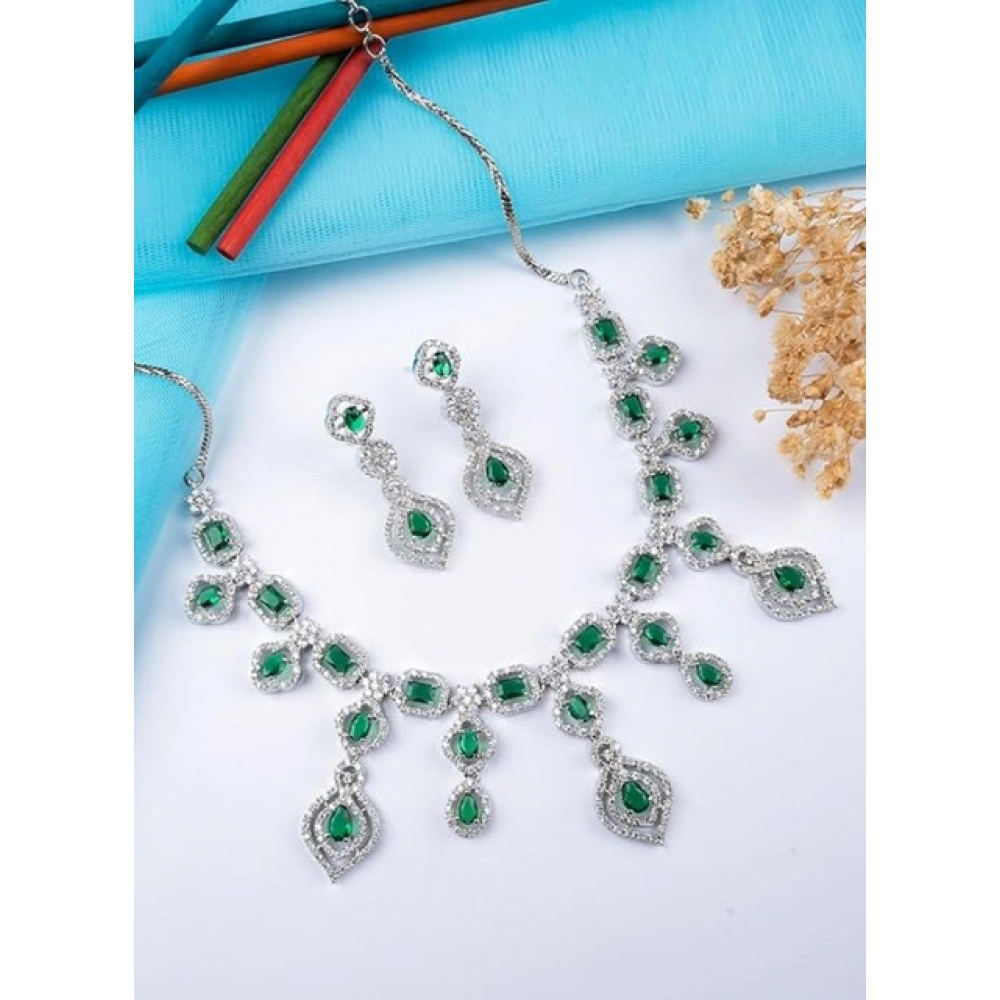 Generic Women's Brass Silver Plated Necklace set (Green) - Image 3