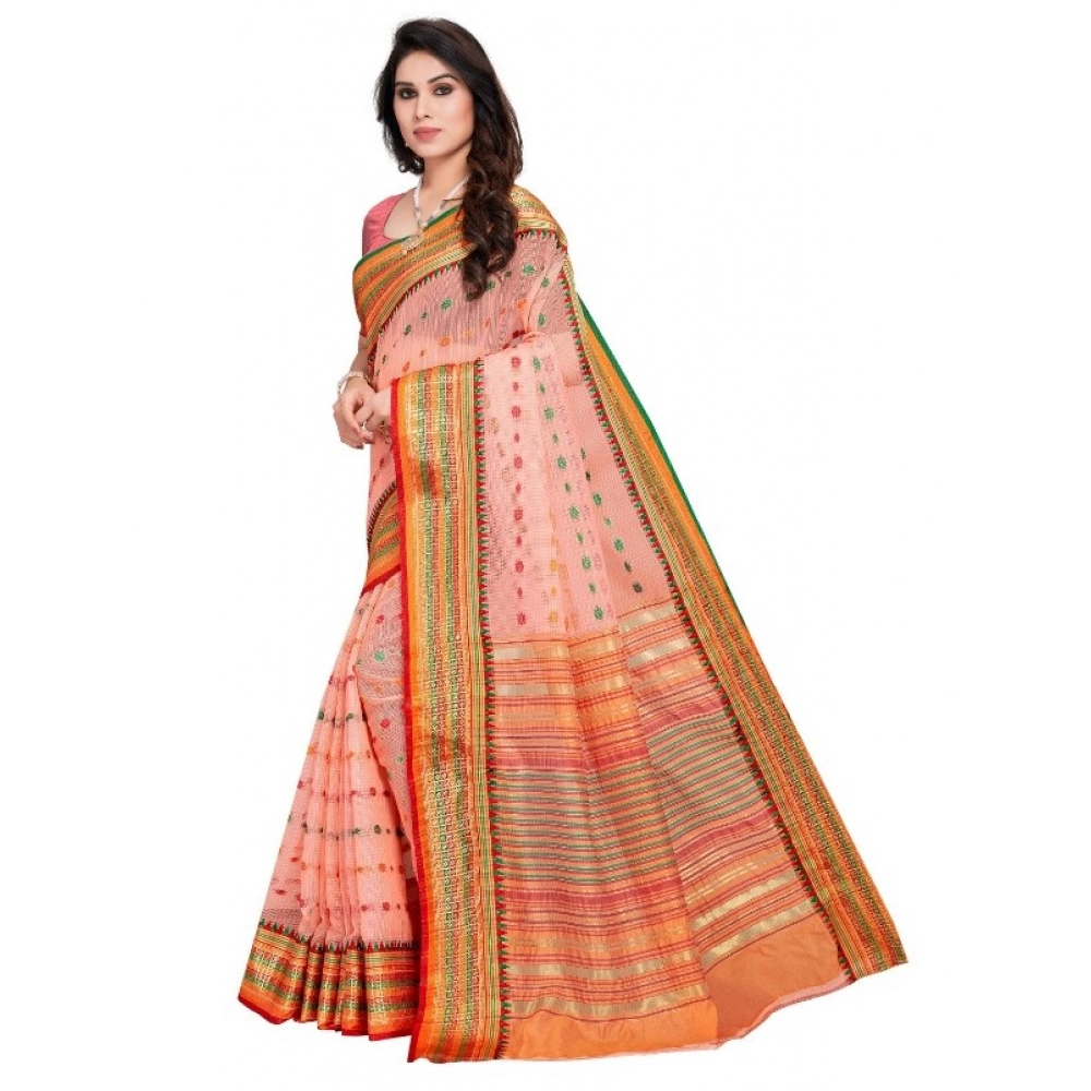 Generic Women's Kota Doria Cotton Woven Butta Saree With Blouse (Peach, 5-6 Mtrs) - Image 4
