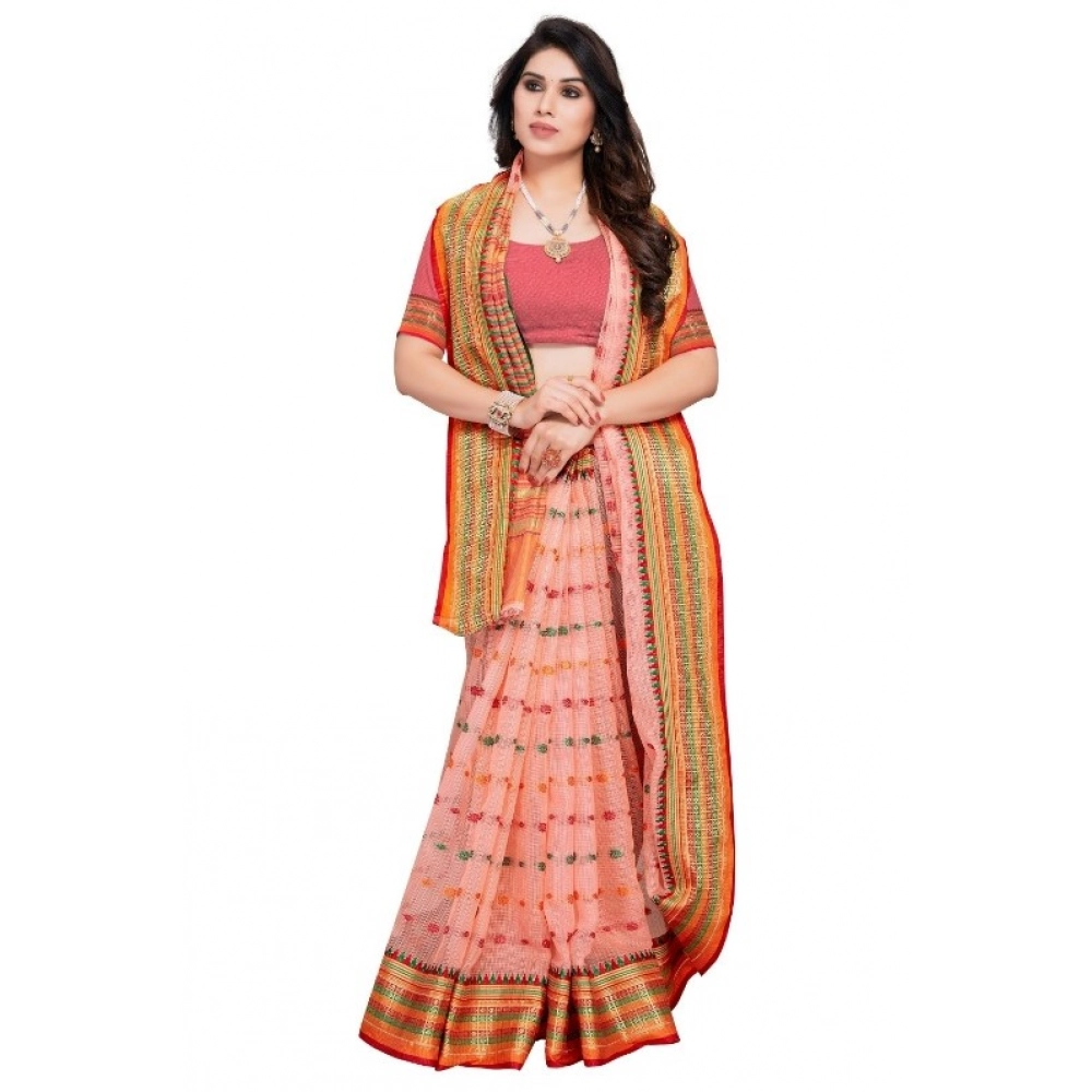 Generic Women's Kota Doria Cotton Woven Butta Saree With Blouse (Peach, 5-6 Mtrs) - Image 2