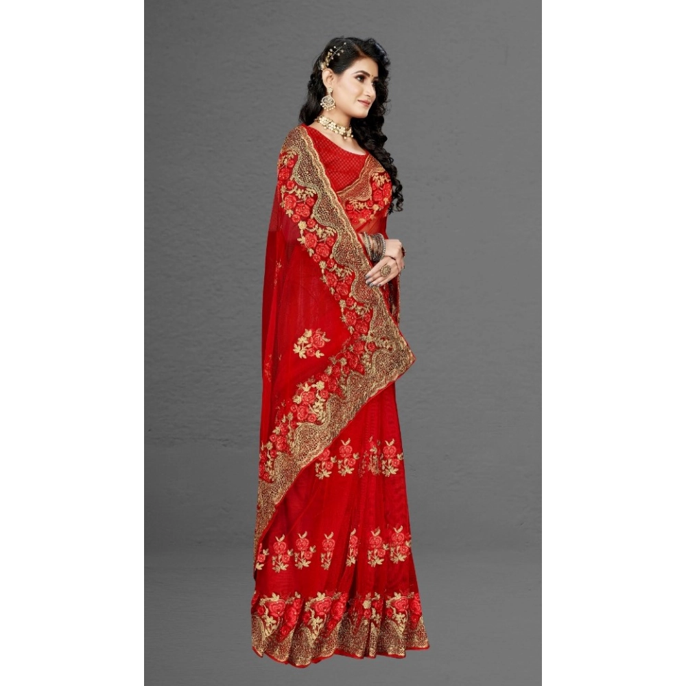 Generic Women's Net Saree With Blouse (Red, 5-6Mtrs) - Image 4