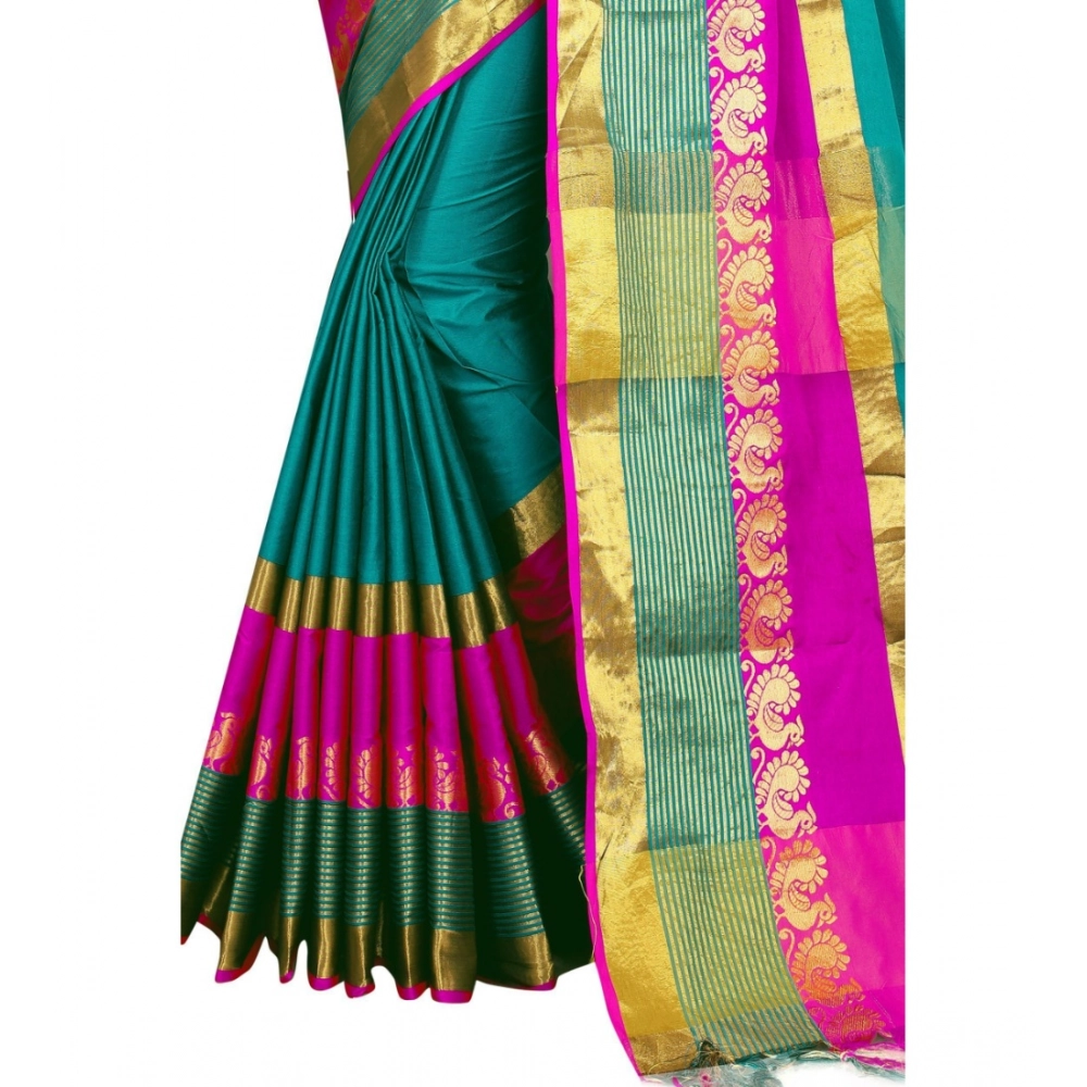 Generic Women's Jacquard Woven Saree With Unstitched Blouse 5.5Mtr (Dark Green) - Image 4