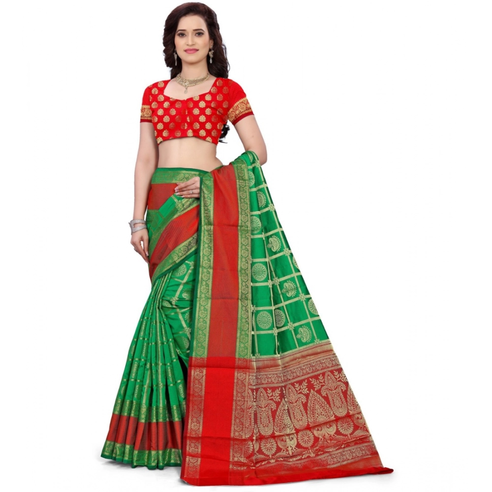 Generic Women's Jacquard Woven Saree With Unstitched Blouse 5.5Mtr (Green) - Image 4
