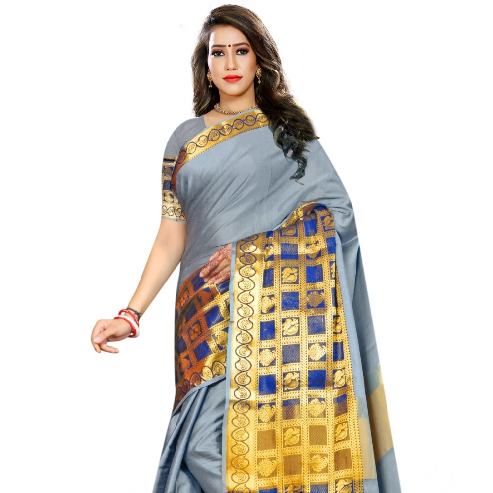 Generic Women's Jacquard Woven Saree With Unstitched Blouse 5.5Mtr (Light Blue) - Image 4
