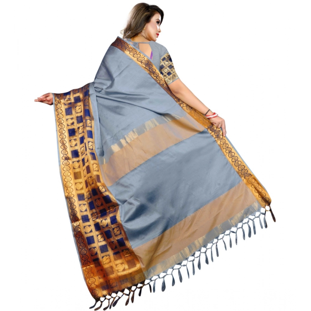 Generic Women's Jacquard Woven Saree With Unstitched Blouse 5.5Mtr (Light Blue) - Image 2