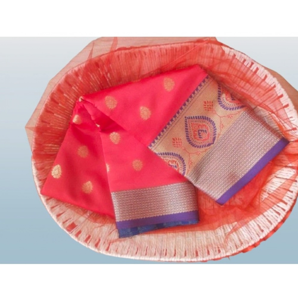Generic Women's Silk Blend Woven Saree With Unstitched Blouse 5.5Mtr (Red) - Image 4