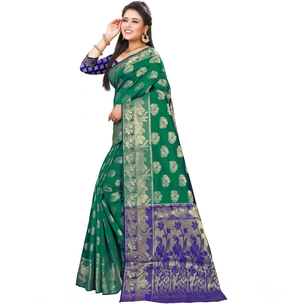 Generic Women's Jacquard Woven Saree With Unstitched Blouse 5.5Mtr (Green) - Image 2