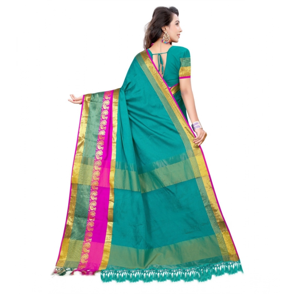Generic Women's Jacquard Woven Saree With Unstitched Blouse 5.5Mtr (Dark Green) - Image 2