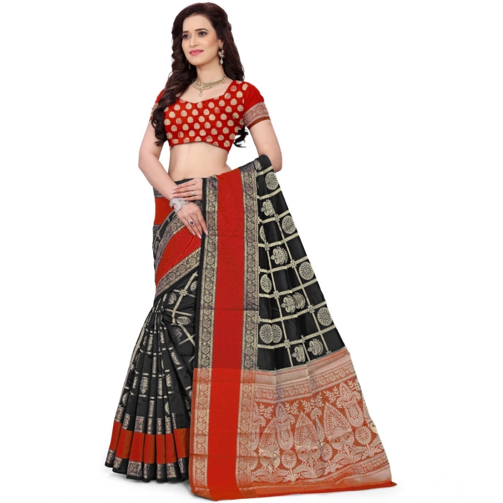 Generic Women's Jacquard Woven Saree With Unstitched Blouse 5.5Mtr (Red-Black) - Image 4
