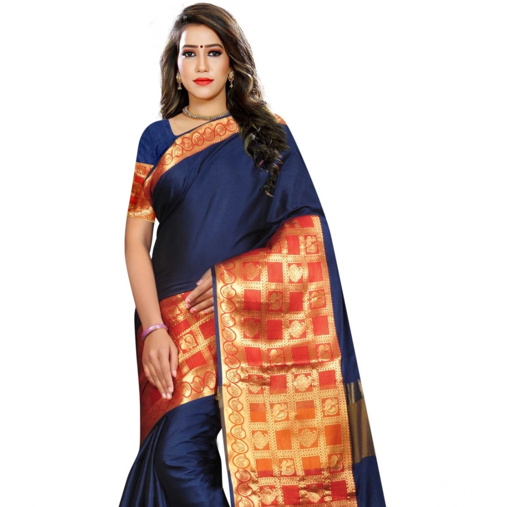 Generic Women's Jacquard Woven Saree With Unstitched Blouse 5.5Mtr (Blue) - Image 4