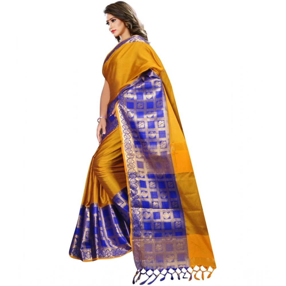 Generic Women's Jacquard Woven Saree With Unstitched Blouse 5.5Mtr (Mustard) - Image 3
