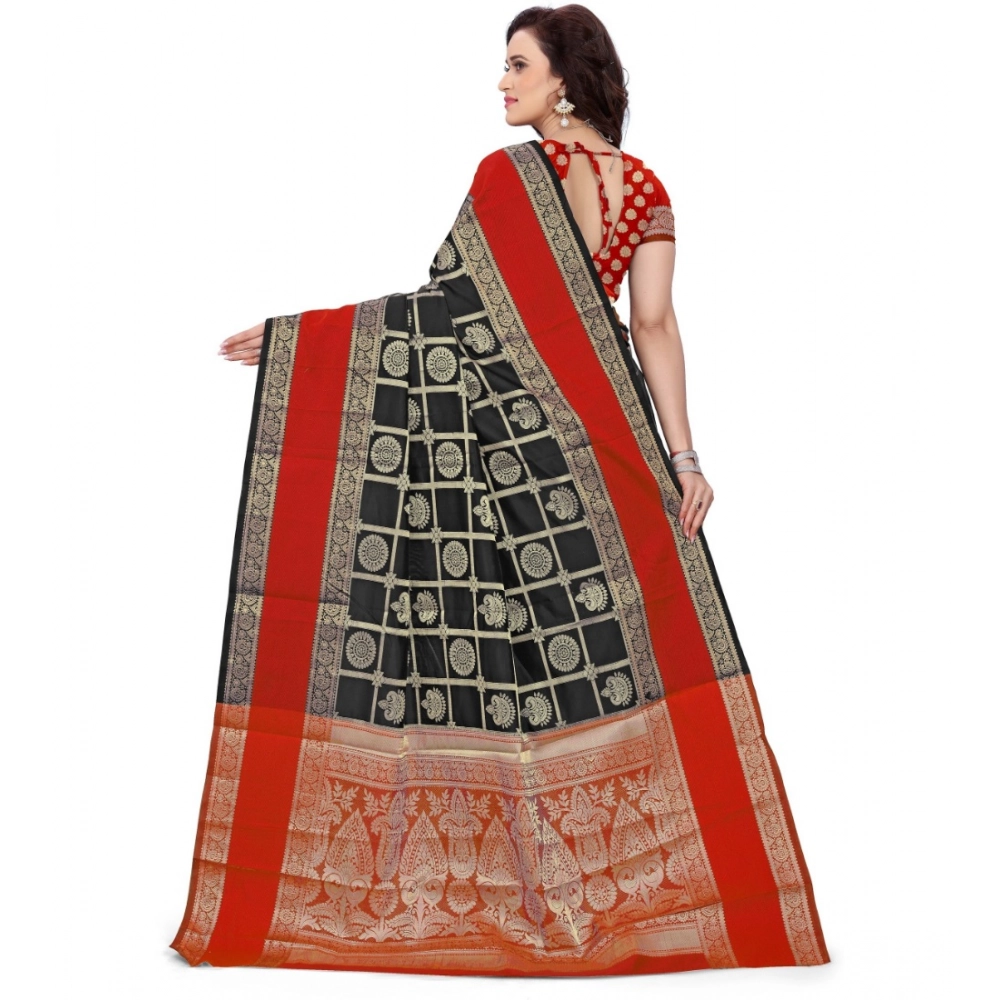 Generic Women's Jacquard Woven Saree With Unstitched Blouse 5.5Mtr (Red-Black) - Image 2