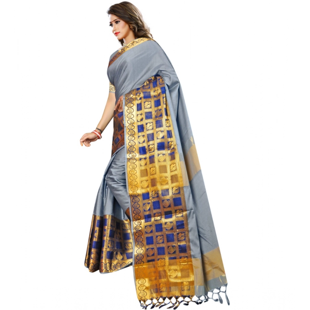 Generic Women's Jacquard Woven Saree With Unstitched Blouse 5.5Mtr (Light Blue) - Image 3