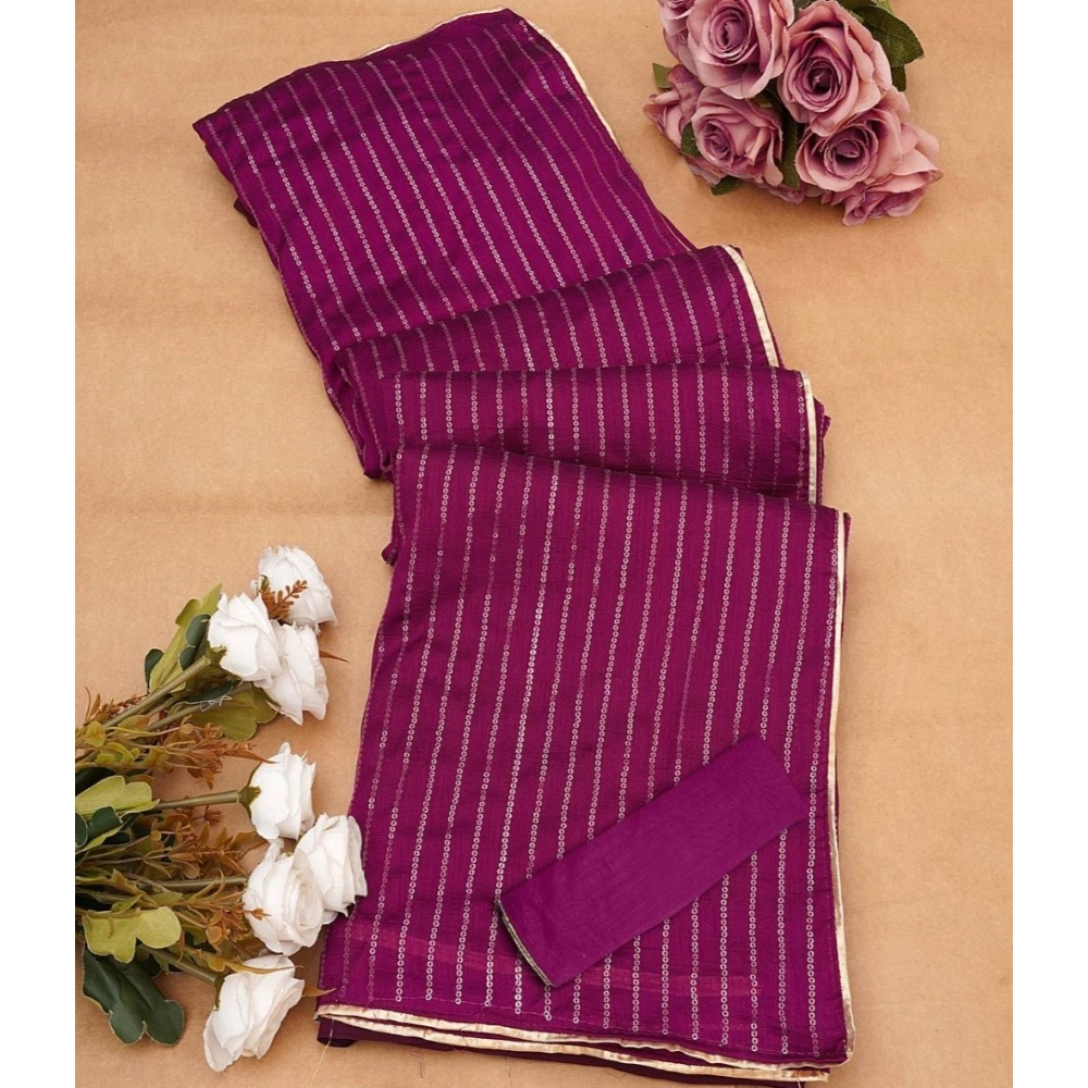 Generic Women's Vichitra Silk Striped Saree With Unstitched Blouse 5.5Mtr (Purple) - Image 2
