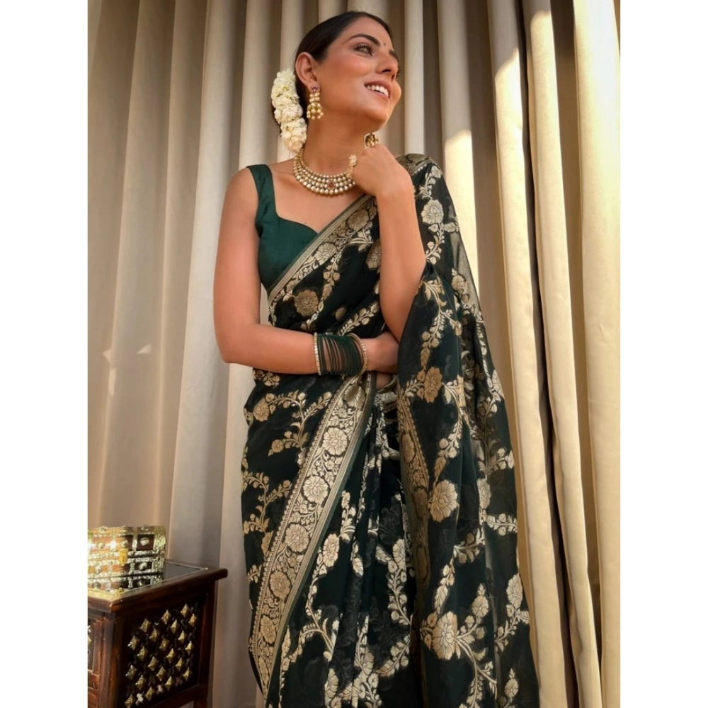 Generic Women's Silk Printed Saree With Unstitched Blouse 5.5Mtr (Dark Green) - Image 2