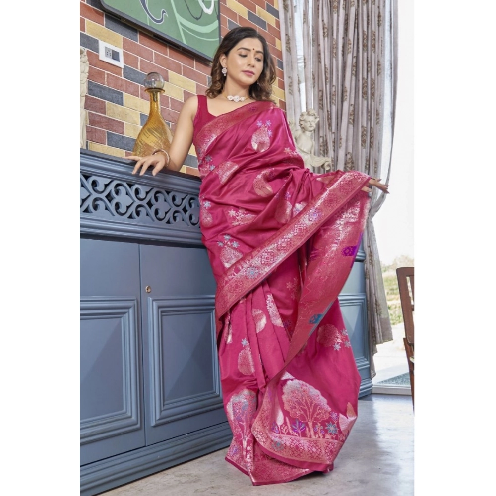Generic Women's Silk Printed Saree With Unstitched Blouse 5.5Mtr (Rani Pink) - Image 3