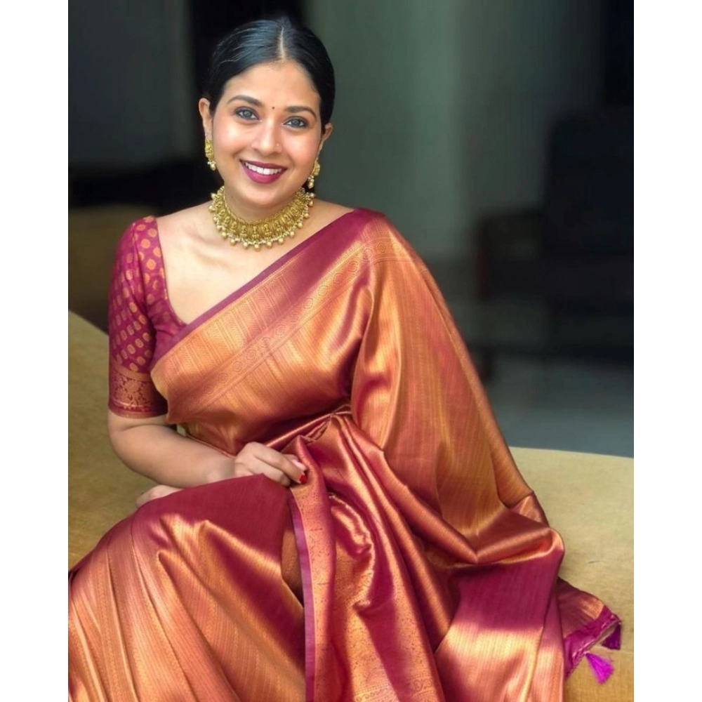 Generic Women's Silk Printed Saree With Unstitched Blouse 5.5Mtr (Maroon) - Image 2