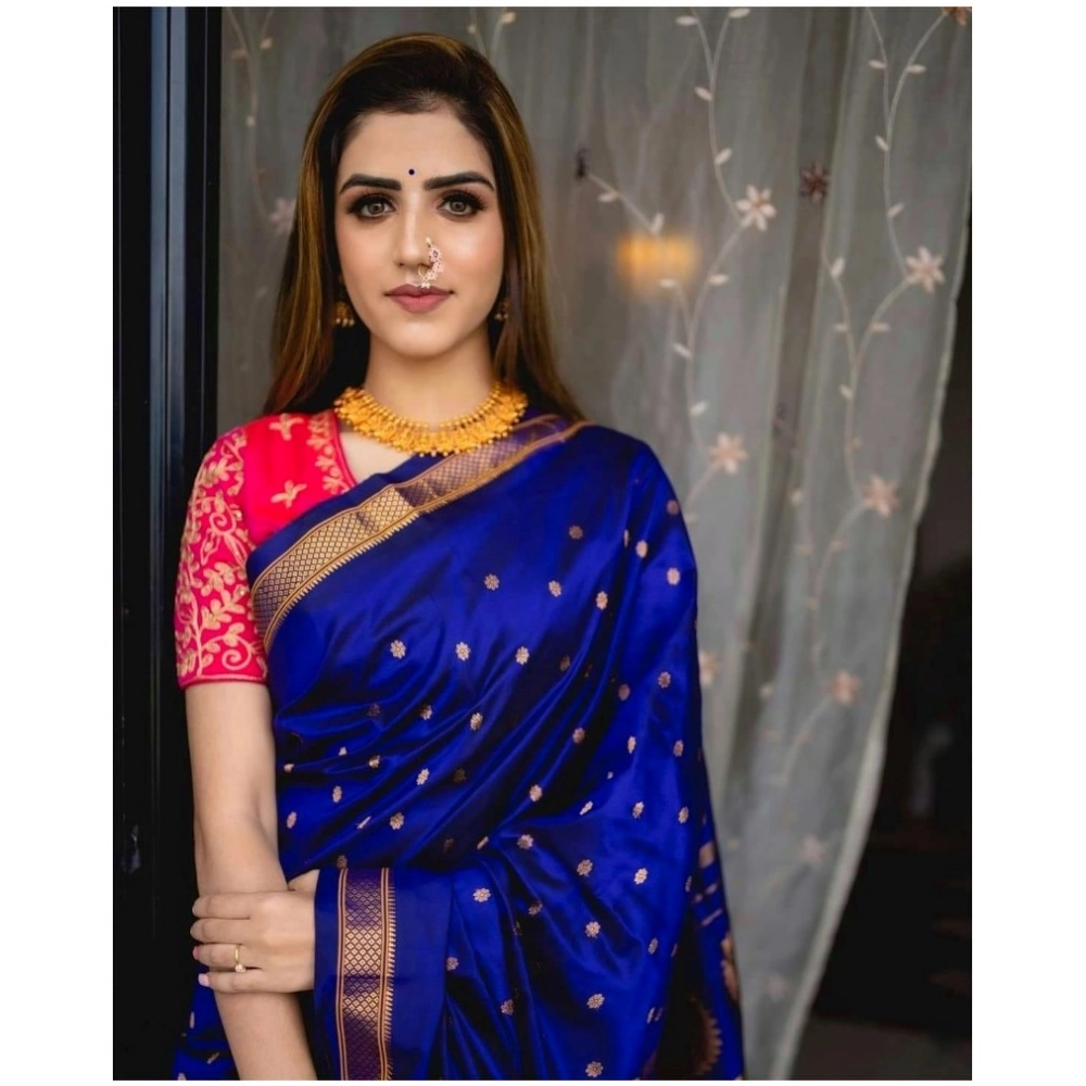 Generic Women's Silk Printed Saree With Unstitched Blouse 5.5Mtr (Blue) - Image 2