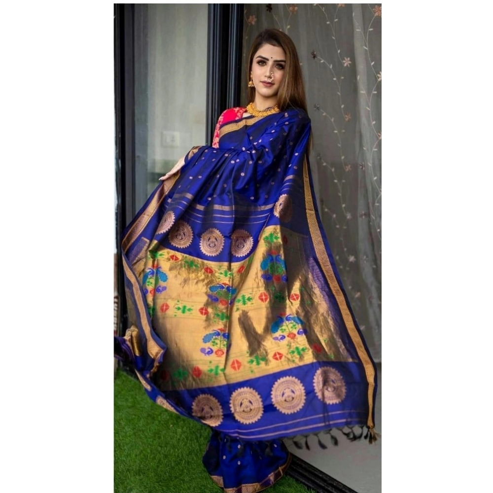 Generic Women's Silk Printed Saree With Unstitched Blouse 5.5Mtr (Blue) - Image 3
