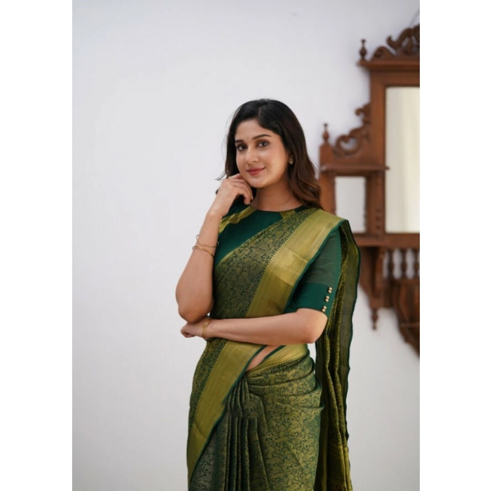 Generic Women's Silk Printed Saree With Unstitched Blouse 5.5Mtr (Green) - Image 3