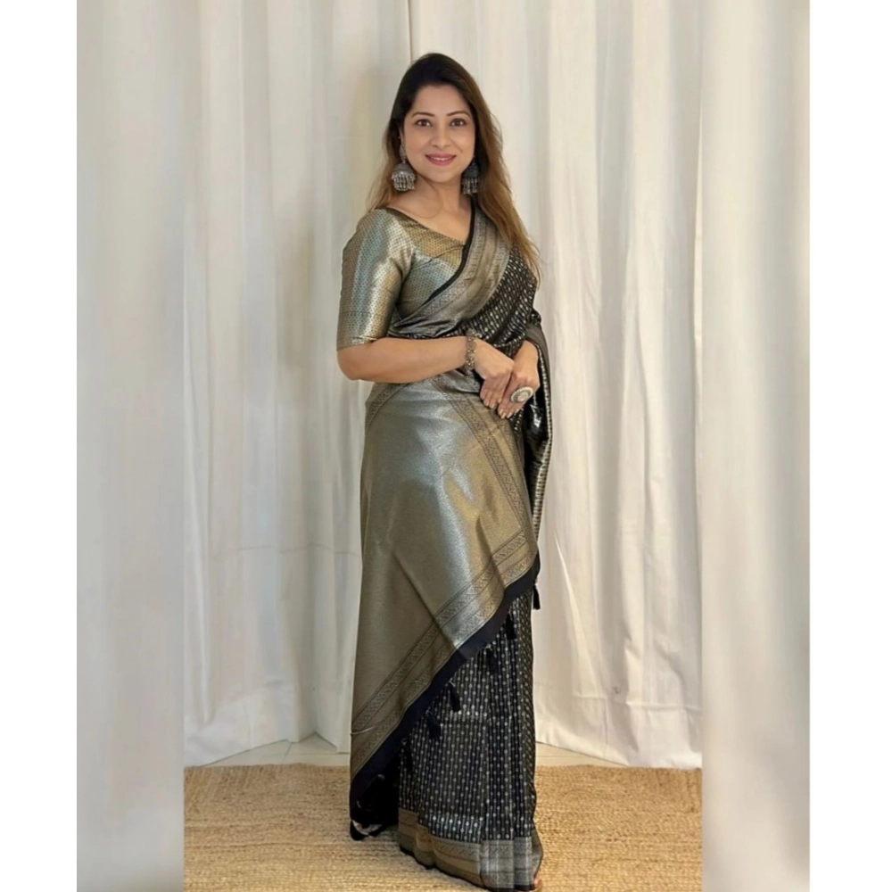 Generic Women's Silk Printed Saree With Unstitched Blouse 5.5Mtr (Black) - Image 3