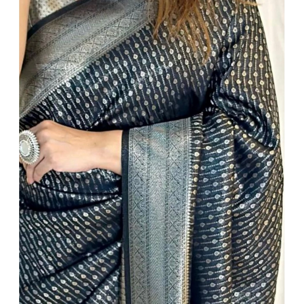 Generic Women's Silk Printed Saree With Unstitched Blouse 5.5Mtr (Black) - Image 2