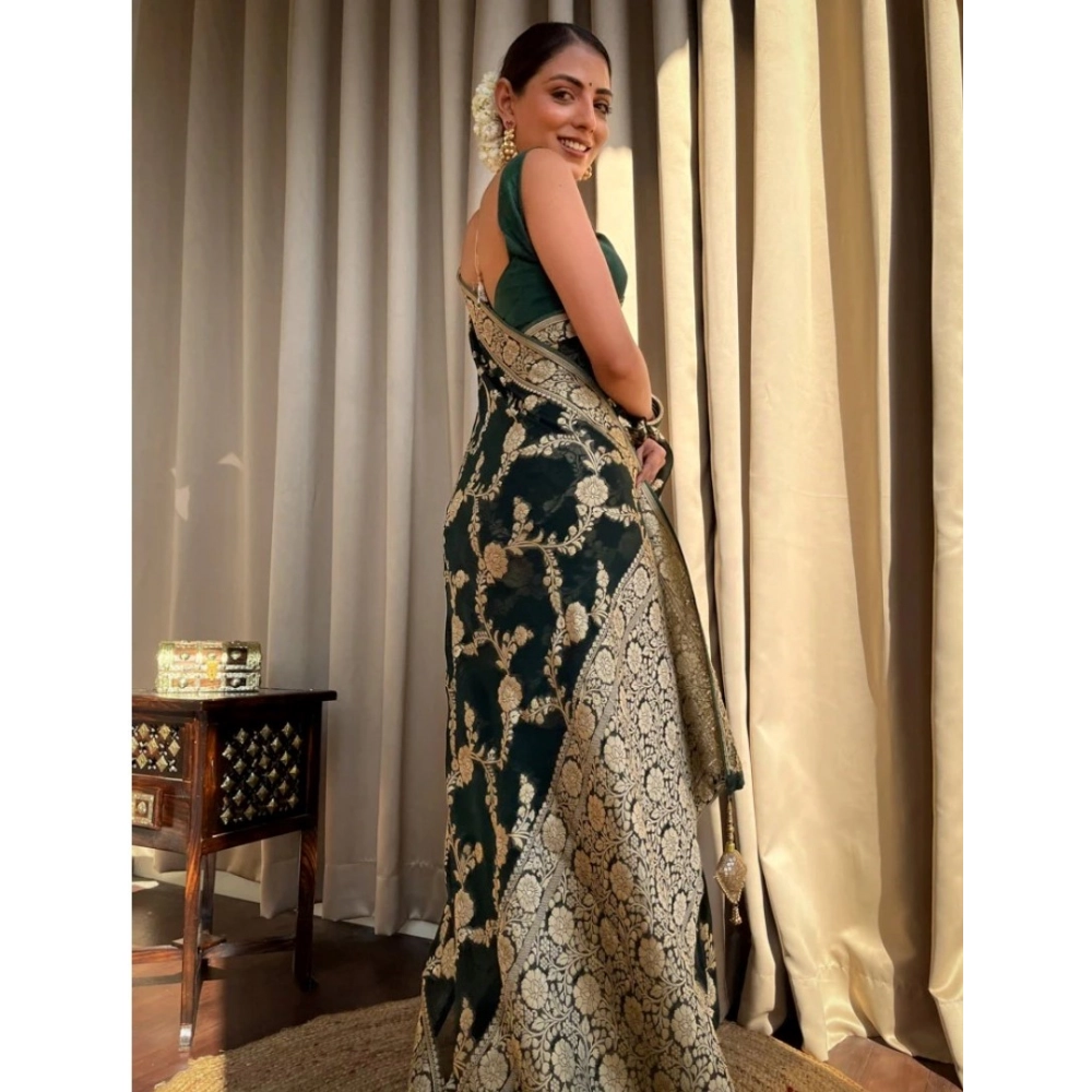 Generic Women's Silk Printed Saree With Unstitched Blouse 5.5Mtr (Dark Green) - Image 3