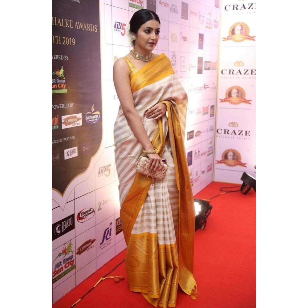 Generic Women's Silk Printed Saree With Unstitched Blouse 5.5Mtr (Off White-Yellow) - Image 3