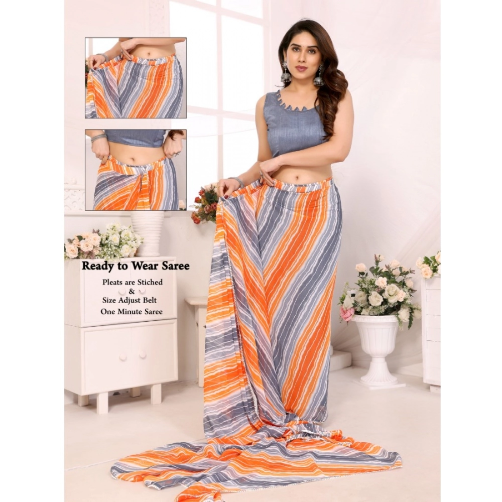Generic Women's Small Lace Georgette Striped Ready-to-Wear Saree With Unstitched Blouse 5.5 Mtr (Grey) - Image 3