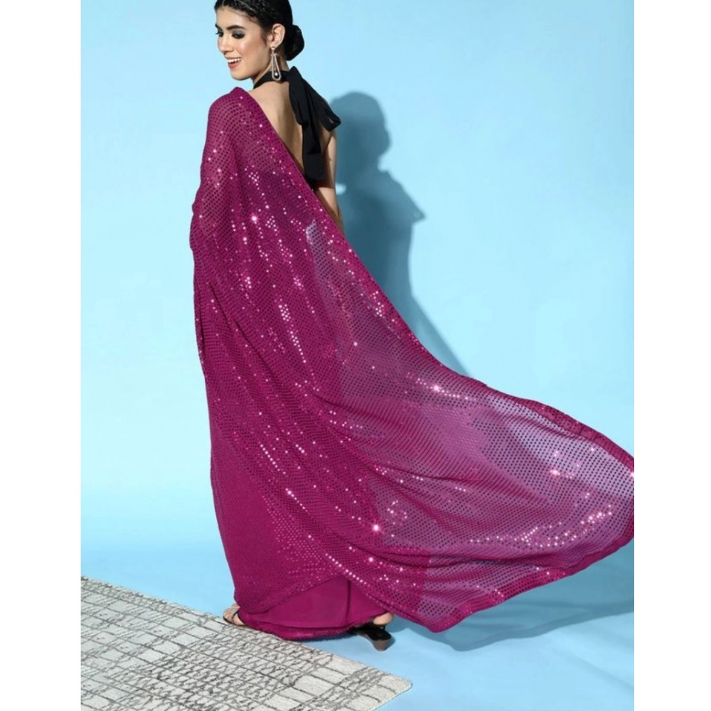 Generic Women's Georgette Embellished Sequnece Bollywood Saree With Unstitched Blouse 5.5Mtr (Wine) - Image 2