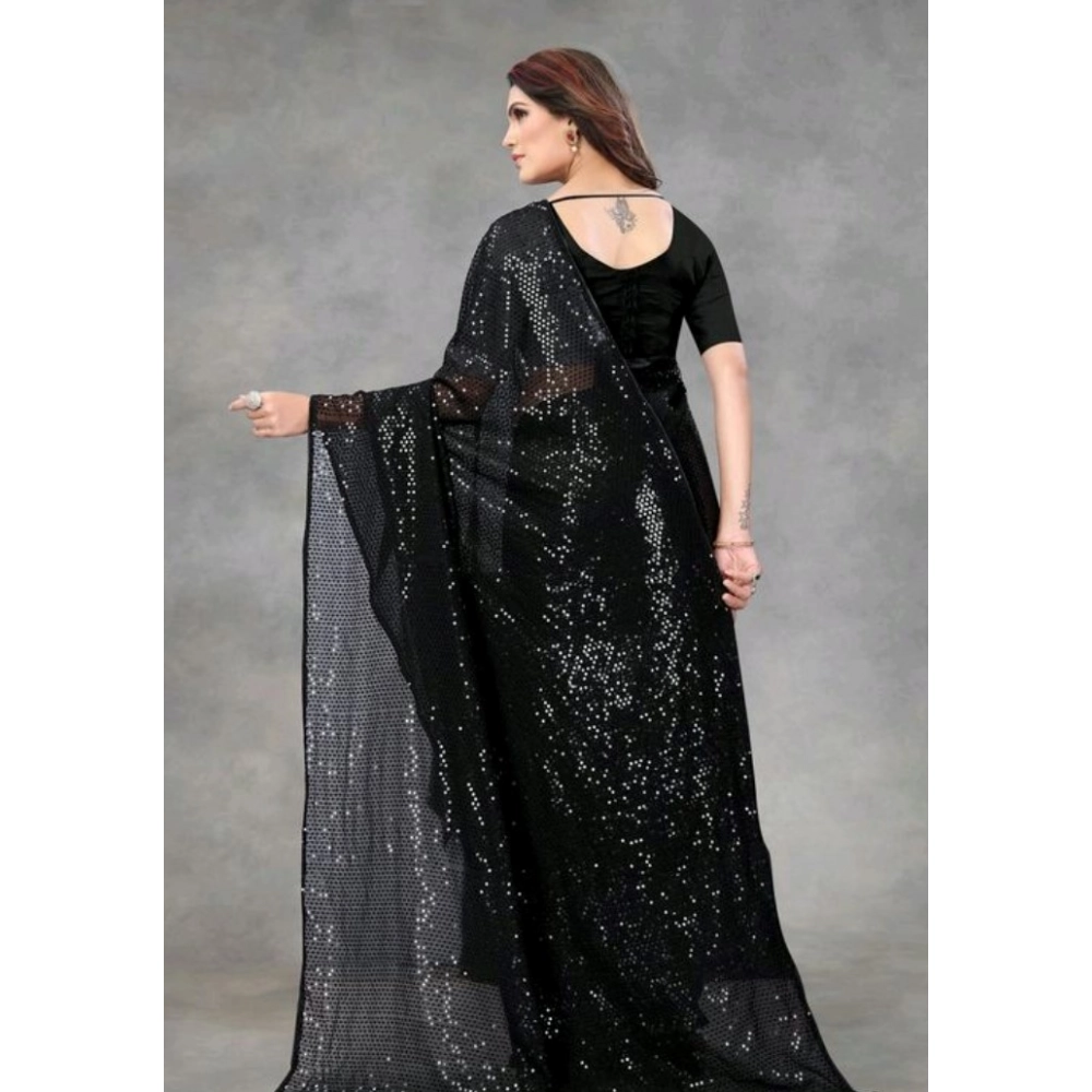 Generic Women's Georgette Embellished Sequnece Bollywood Saree With Unstitched Blouse 5.5Mtr (Black) - Image 2