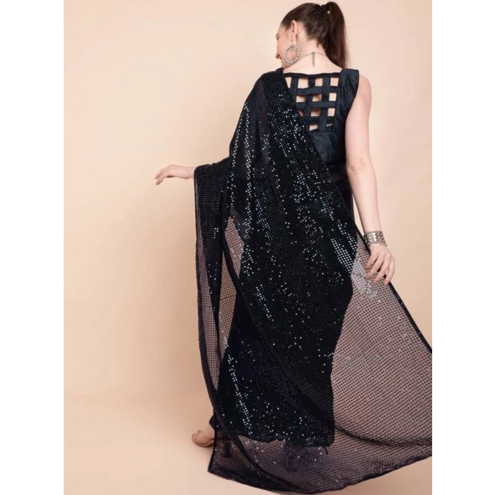 Generic Women's Georgette Embellished Sequnece Bollywood Saree With Unstitched Blouse 5.5Mtr (Black) - Image 2