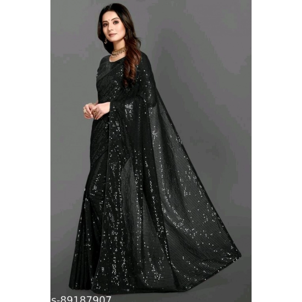 Generic Women's Georgette Embellished Sequnece Bollywood Saree With Unstitched Blouse 5.5Mtr (Black) - Image 2