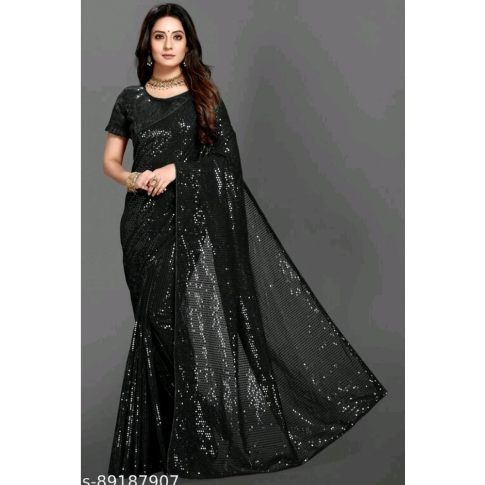 Generic Women's Georgette Embellished Sequnece Bollywood Saree With Unstitched Blouse 5.5Mtr (Black)