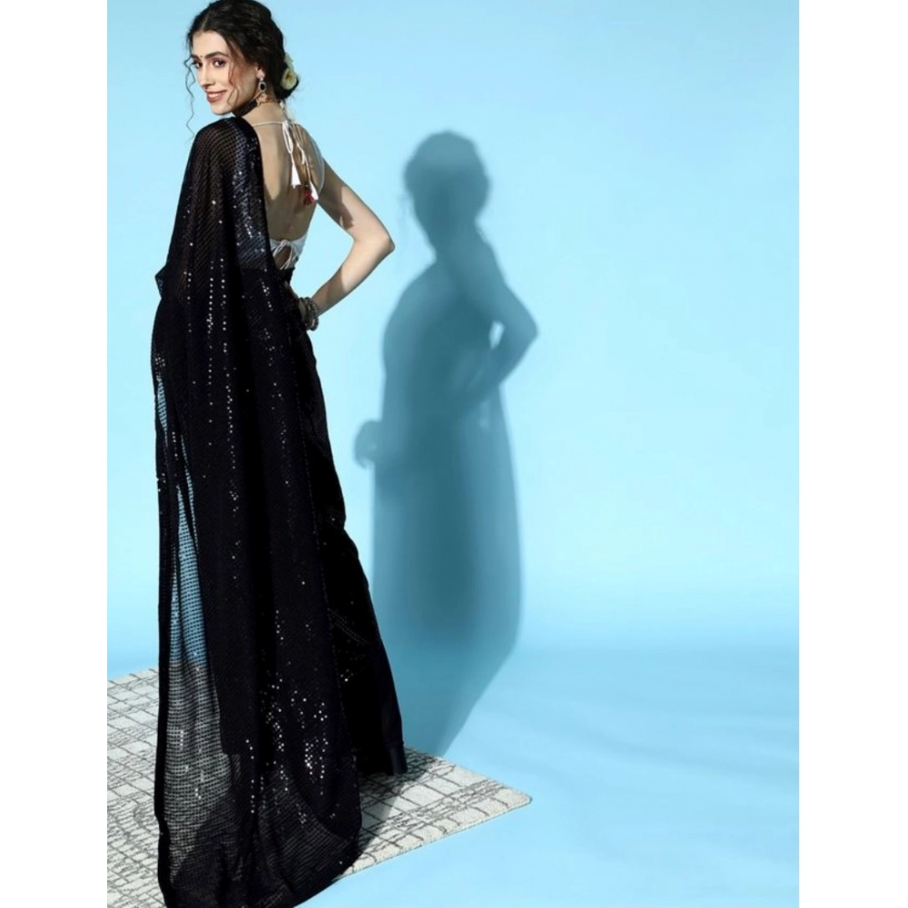 Generic Women's Georgette Embellished Sequnece Bollywood Saree With Unstitched Blouse 5.5Mtr (Black) - Image 2