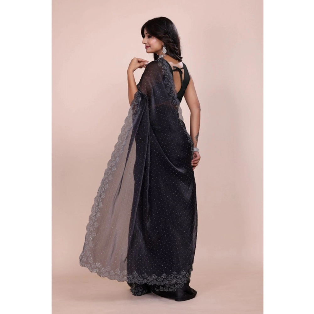 Generic Women's Jimmy choo Embellished Bollywood Saree With Unstitched Blouse 5.5Mtr (Black) - Image 2