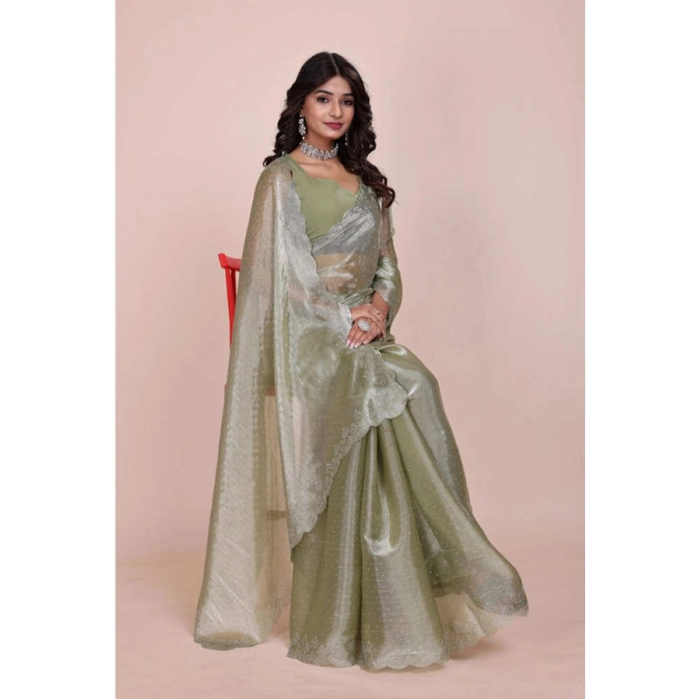 Generic Women's Jimmy choo Embellished Bollywood Saree With Unstitched Blouse 5.5Mtr (Light Green) - Image 2