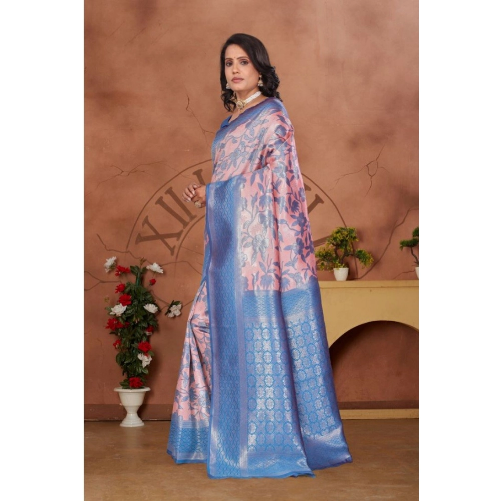 Generic Women's Banarasi Silk Jaquard Woven Saree With Unstitched Blouse 5.5Mtr (Pink) - Image 2