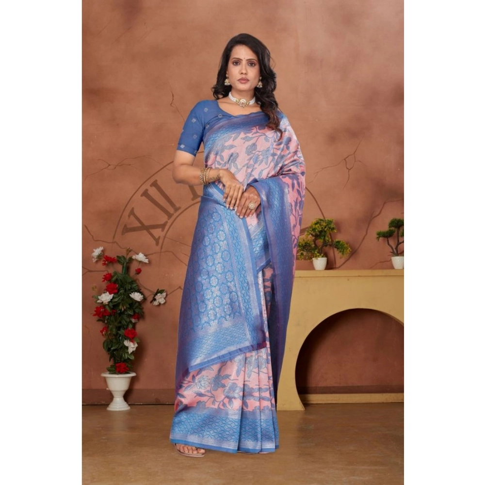 Generic Women's Banarasi Silk Jaquard Woven Saree With Unstitched Blouse 5.5Mtr (Pink) - Image 3