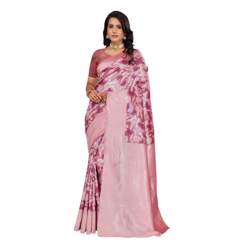 Generic Women's Banarasi Silk Jaquard Woven Saree With Unstitched Blouse 5.5Mtr (Pink) - Image 5