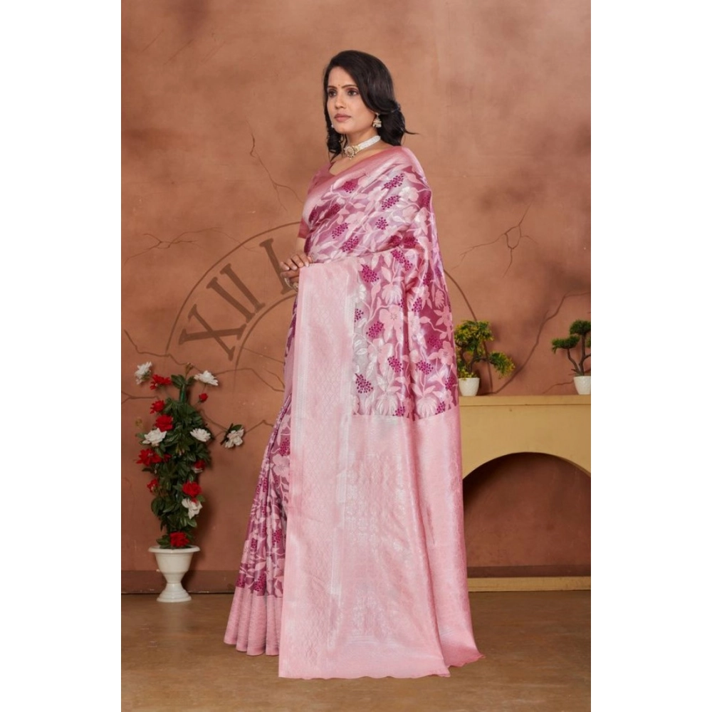Generic Women's Banarasi Silk Jaquard Woven Saree With Unstitched Blouse 5.5Mtr (Pink) - Image 3