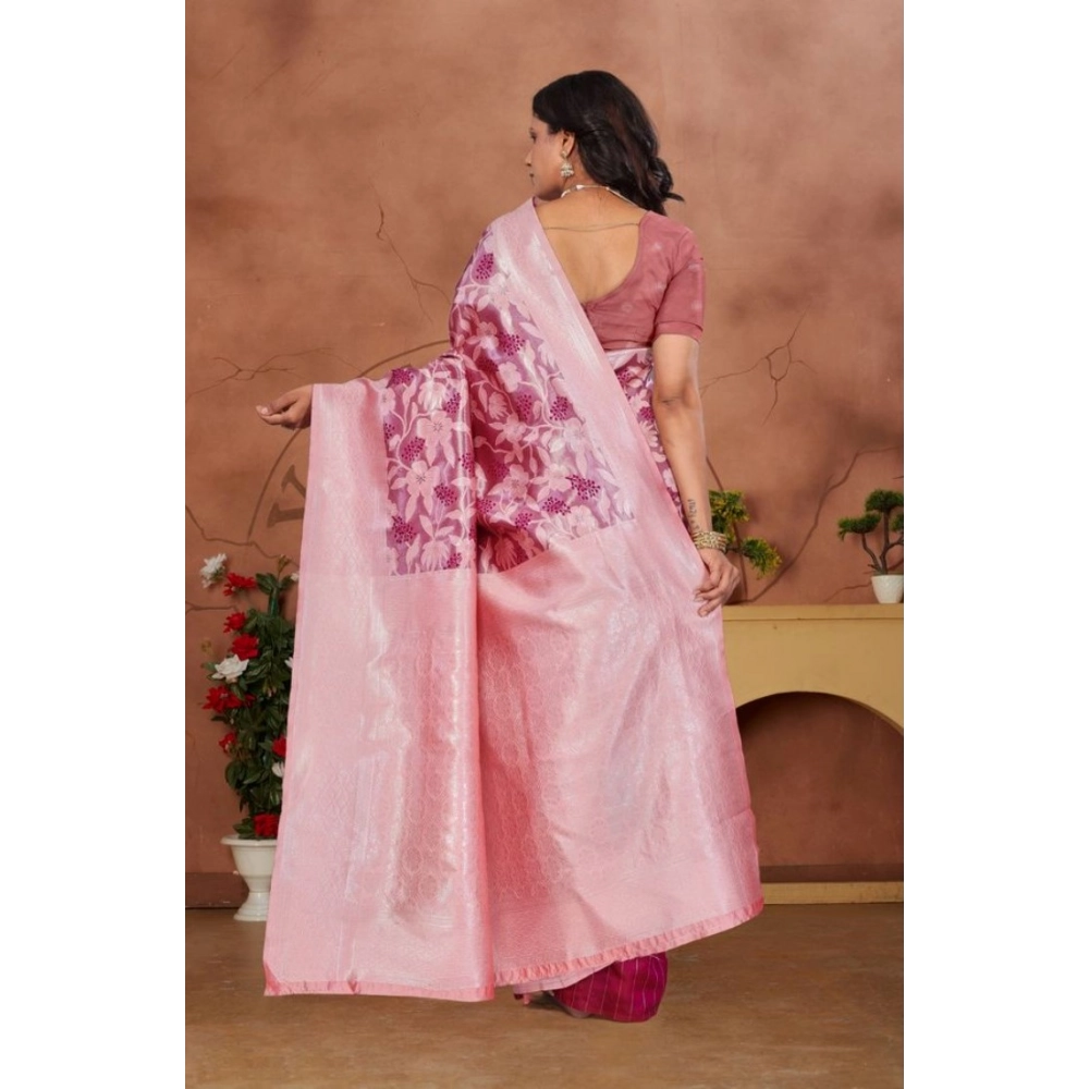 Generic Women's Banarasi Silk Jaquard Woven Saree With Unstitched Blouse 5.5Mtr (Pink) - Image 4