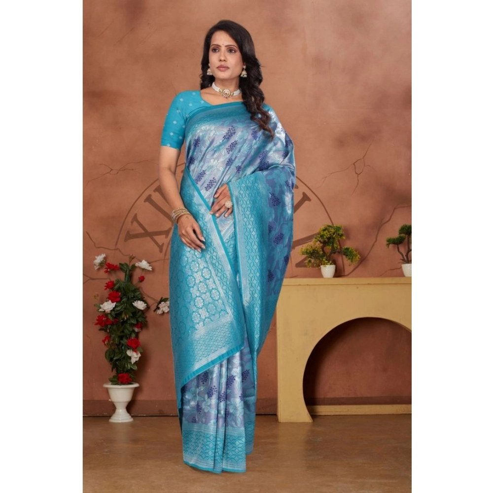 Generic Women's Banarasi Silk Jaquard Woven Saree With Unstitched Blouse 5.5Mtr (Light Blue) - Image 2
